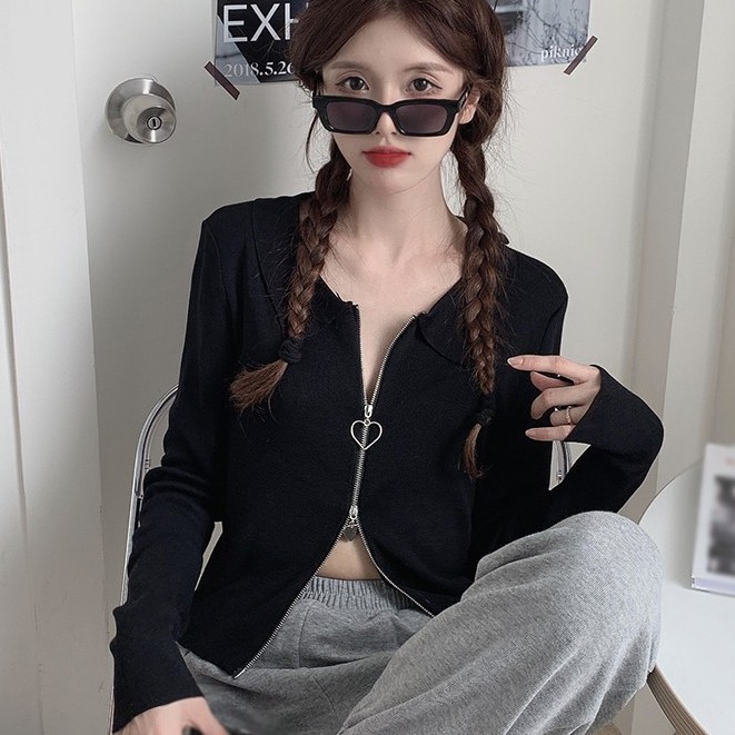 Áo khoác dệt kim dài tay màu trơn phối khóa kéo sành điệu cho nữ