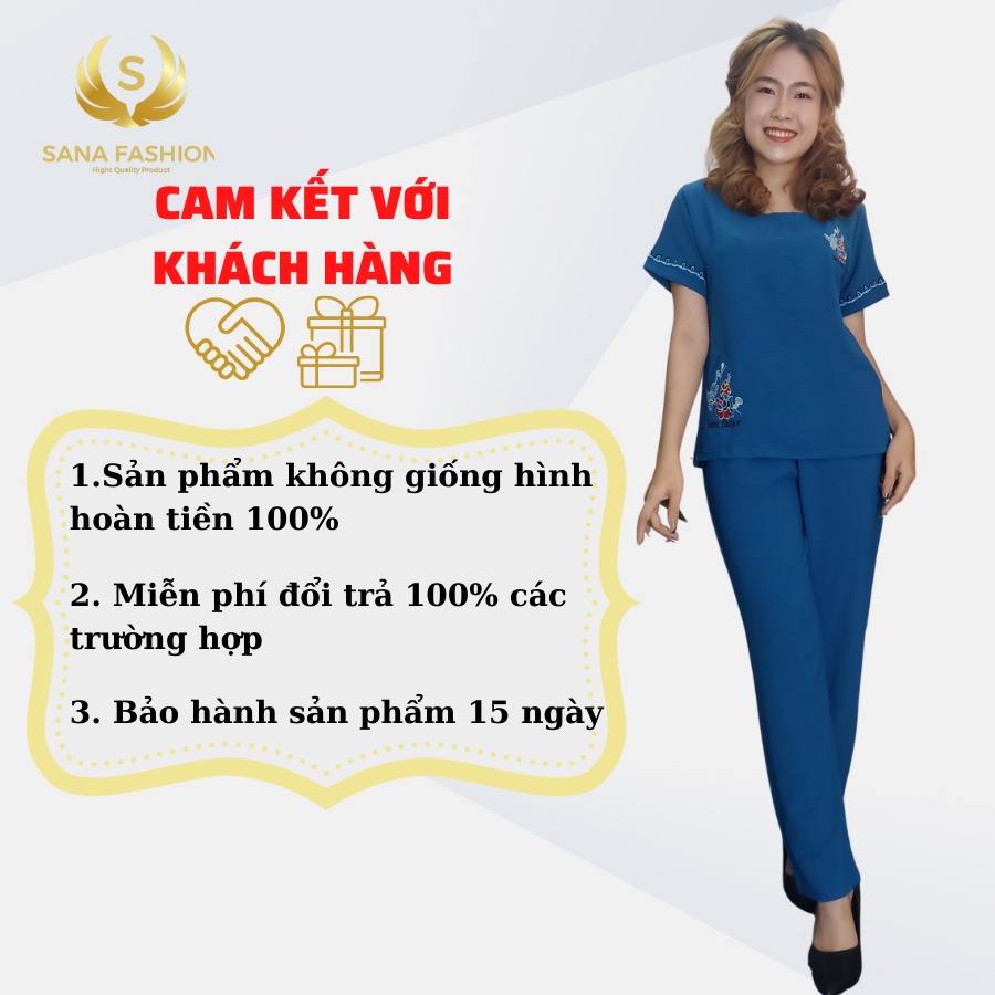Đồ bộ phụ nữ trung niên bộ đũi cho mẹ mặc ở nhà dài ống nhỏ thêu hoa nhẹ nhàng, mát min CB01