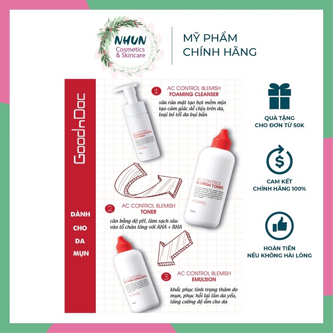 Bộ dưỡng da Goodndoc Ac Control Blemish dành cho da mụn, giảm mụn, giảm thâm, kiềm dầu (srm+toner+tinh chất) -NHUN