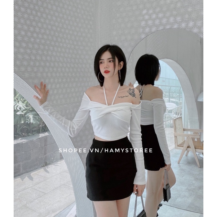 MINI TOP - ÁO CROP GÂN XOẮN CỘT CỔ