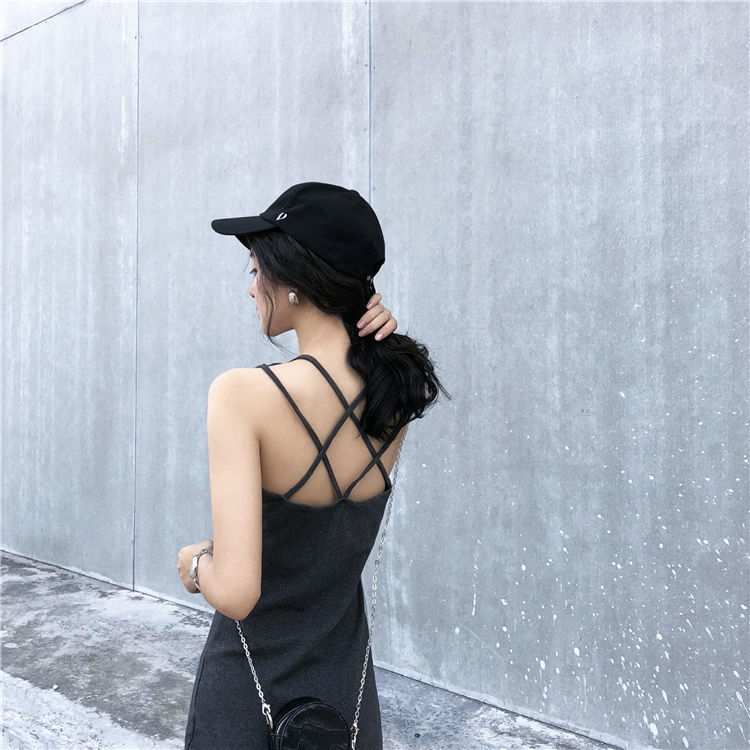 [L&Q]                        Suspender dress long skirt female summer Korean version of the open back sexy slim body with a thin bottoming vest little black dress