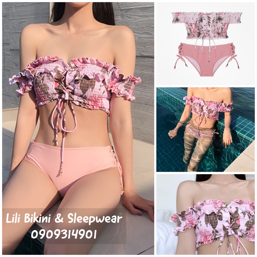 (Có sẵn,big size) Mẫu mới Bikini Hàn Quốc hai mảnh sexy, cột nơ đan dây màu Hồng, Đen phá cách