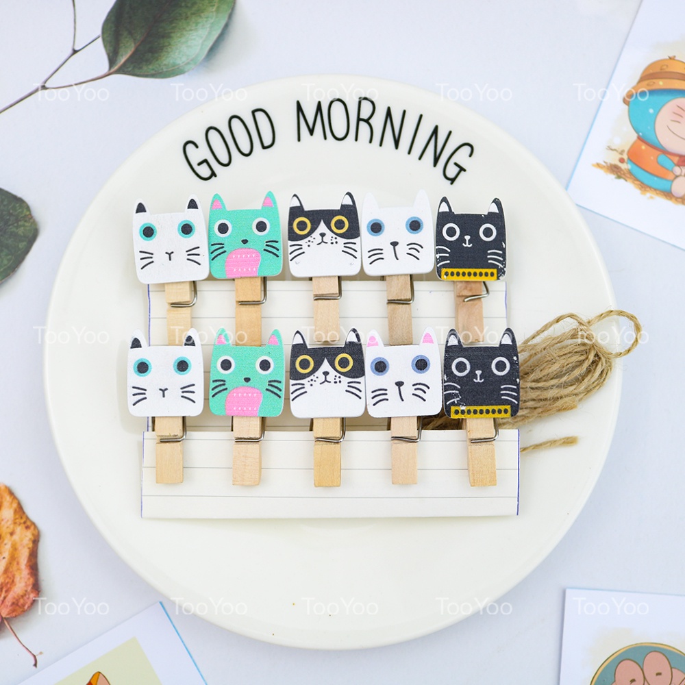 SET 10 Kẹp gỗ treo ảnh chủ đề MÈO kèm 140cm dây dễ thương cute TooYoo TY0240