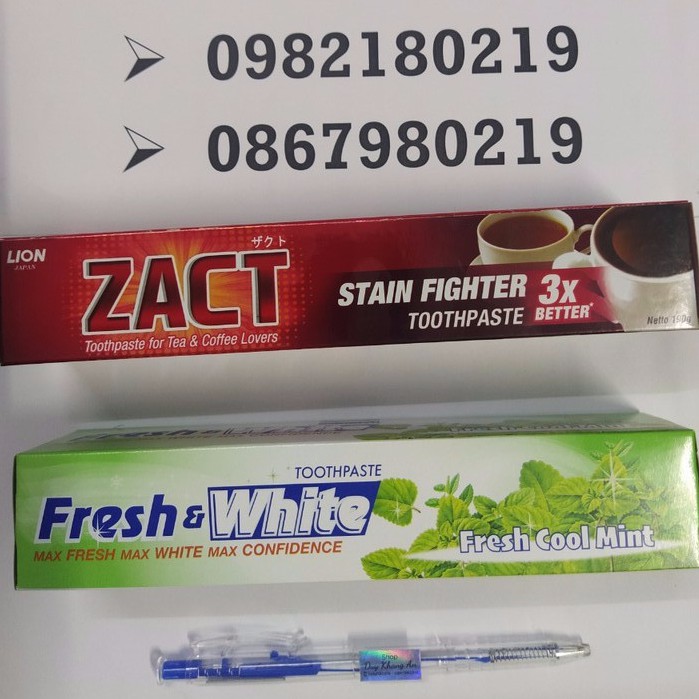 2 tuýp Kem đánh răng Lion Zact 190g và Fresh and white xanh Lá 160g