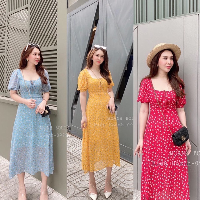 Váy hoa nhí 3 màu cổ vuông dáng maxi hàng vnxk