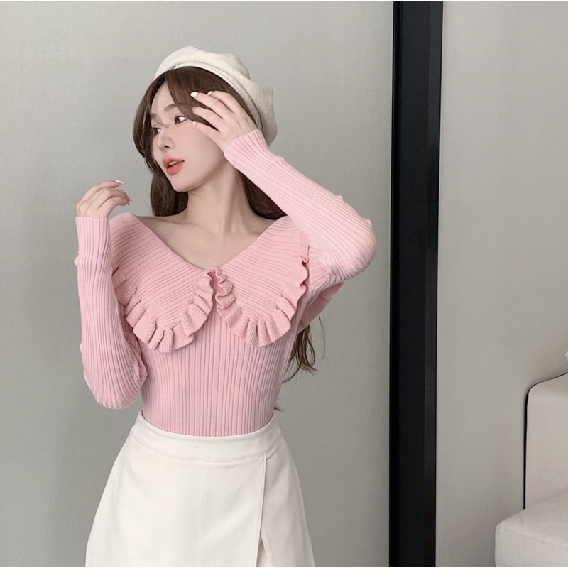 Áo dệt kim tay dài viền lá sen trễ vai thời trang thu đông cho nữ