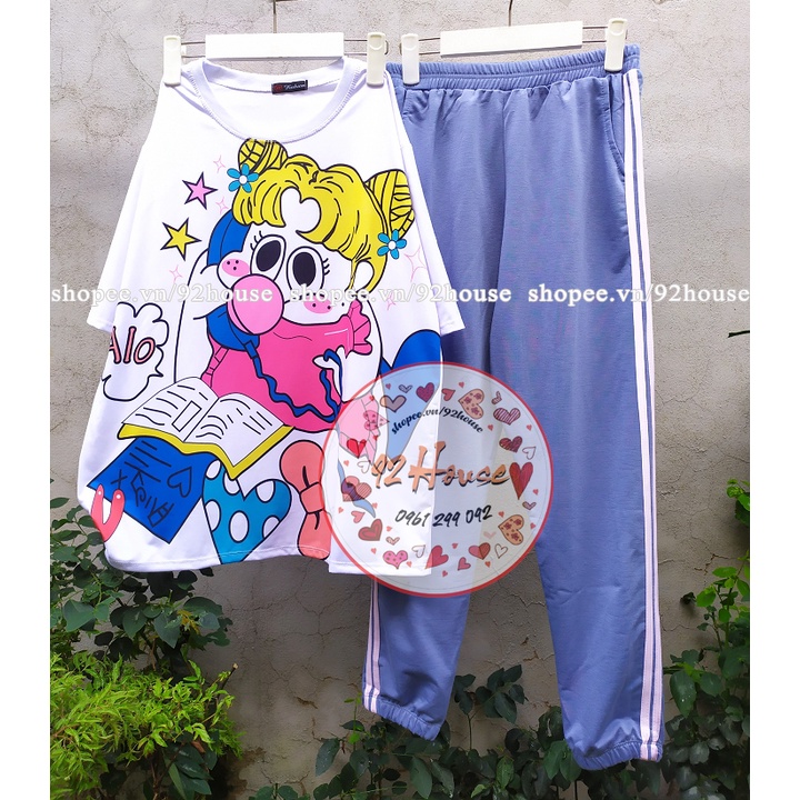 Bộ dài hoạt hình unisex quần jogger bo chun hai sọc nam nữ đều mặc được