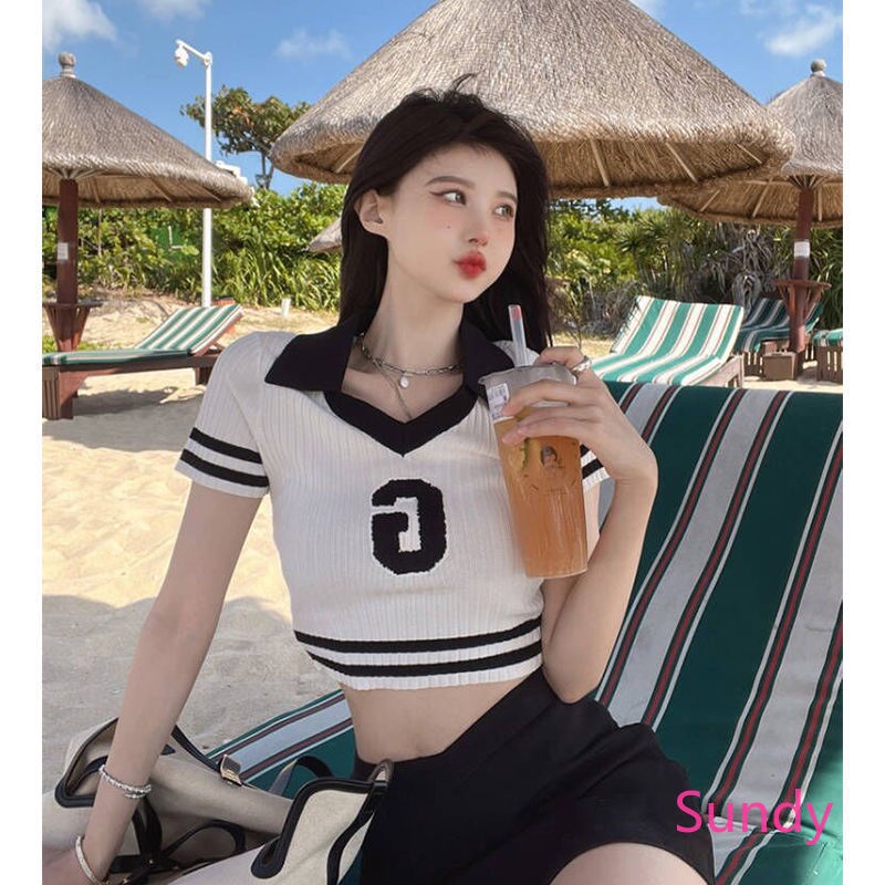 Áo Croptop Dệt Kim Cổ Polo Kẻ Sọc In Chữ Thời Trang Mùa Hè Cho Nữ