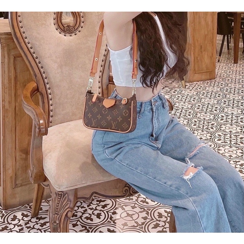 Túi Xách nữ kẹp nách đeo chéo in hoạ tiết hoa eo vi kèm dây đeo chéo size 19