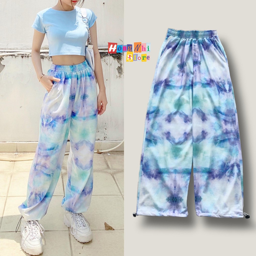 Quần Jogger 3D Ulzzang Unisex Jogger Loang Màu Dây Rút Lai Ống Rộng Xanh Nhạt - MM