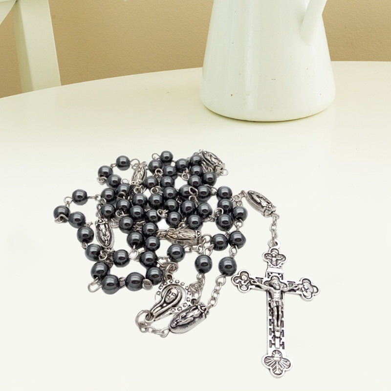 Dây chuyền dạng chuỗi hạt đá hematite trang trí mặt thánh giá cổ điển