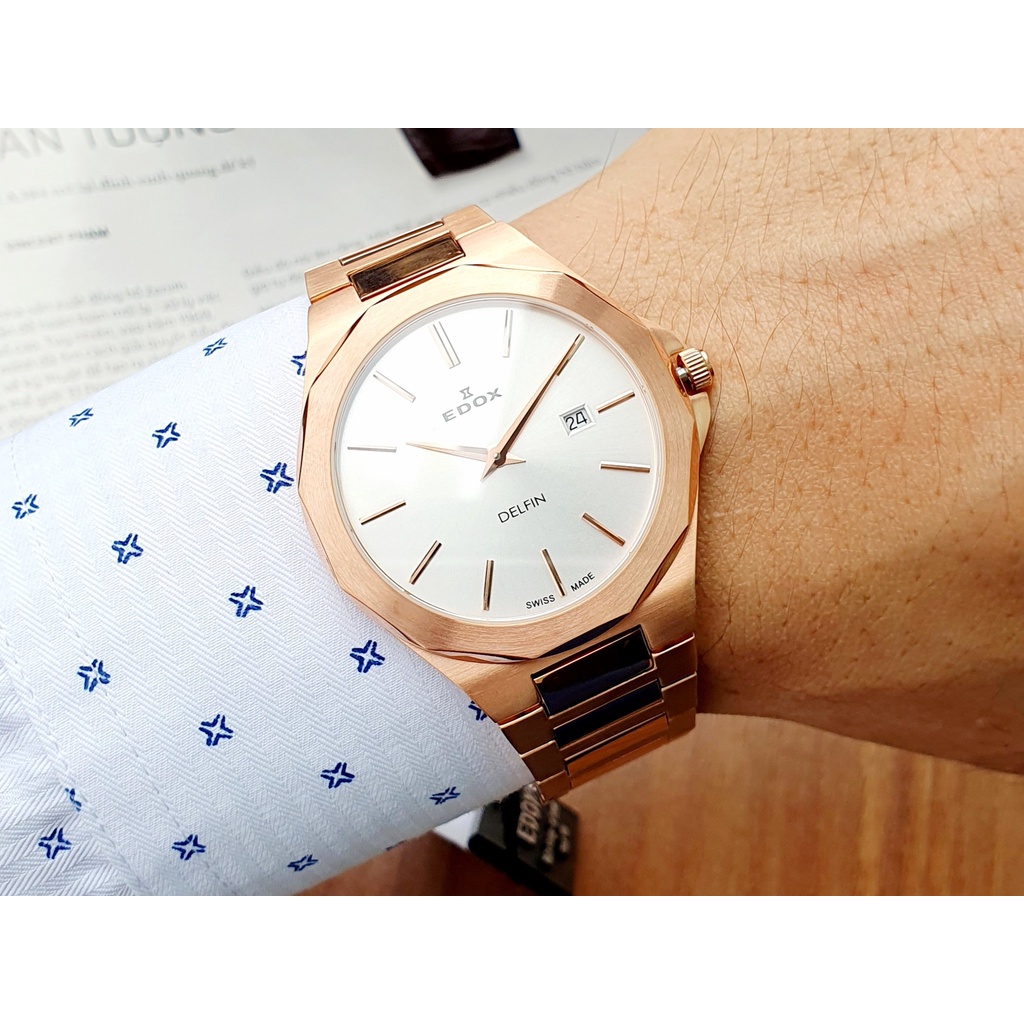 Đồng hồ nam chính hãng Edox Delfin Rose Gold Steel - Máy quartz pin - Kính Sapphire nguyên khối