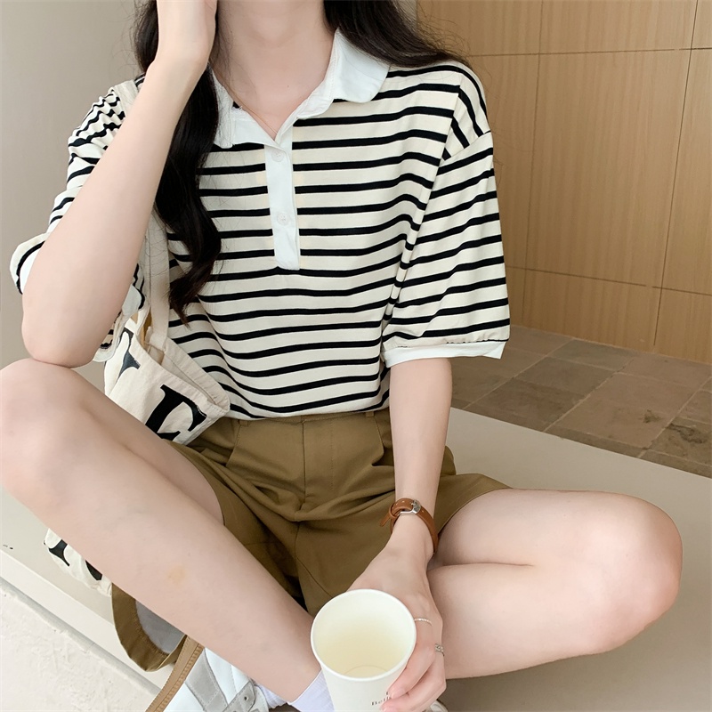 Áo polo SUXI ngắn tay họa tiết sọc ngang phong cách Hàn Quốc dành cho nữ