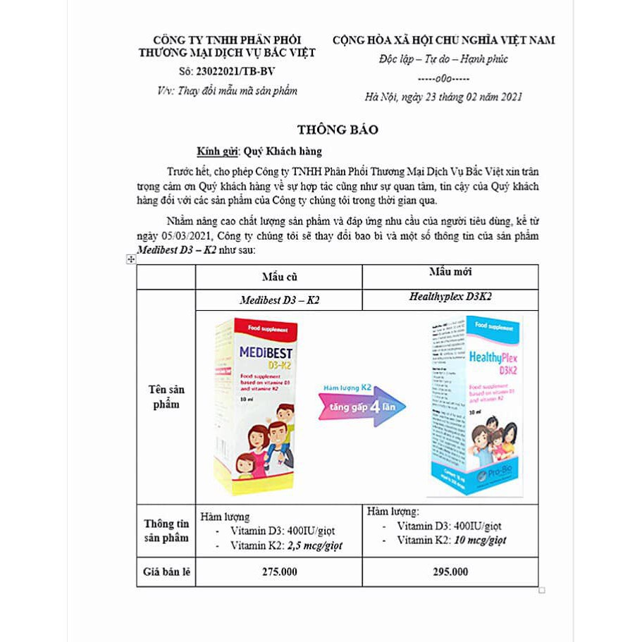 HealthyPlex D3K2 - Bổ sung vitamin D3K2 tăng cường hấp thu Canxi cho Trẻ (lọ 10ml)