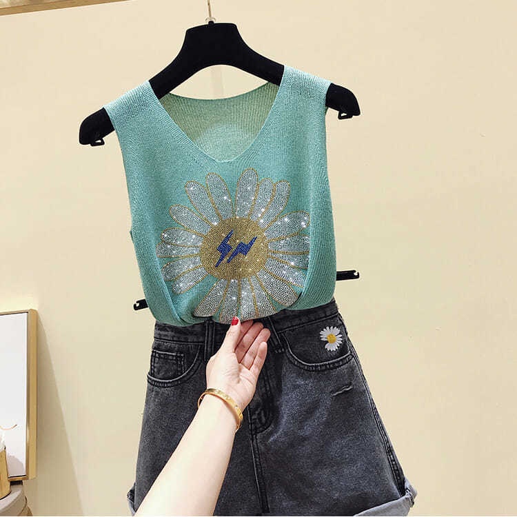 [Zhelihangfei] Áo Sát Nách Dệt Kim Họa Tiết Hoa Cúc Đính Kim Cương Giả