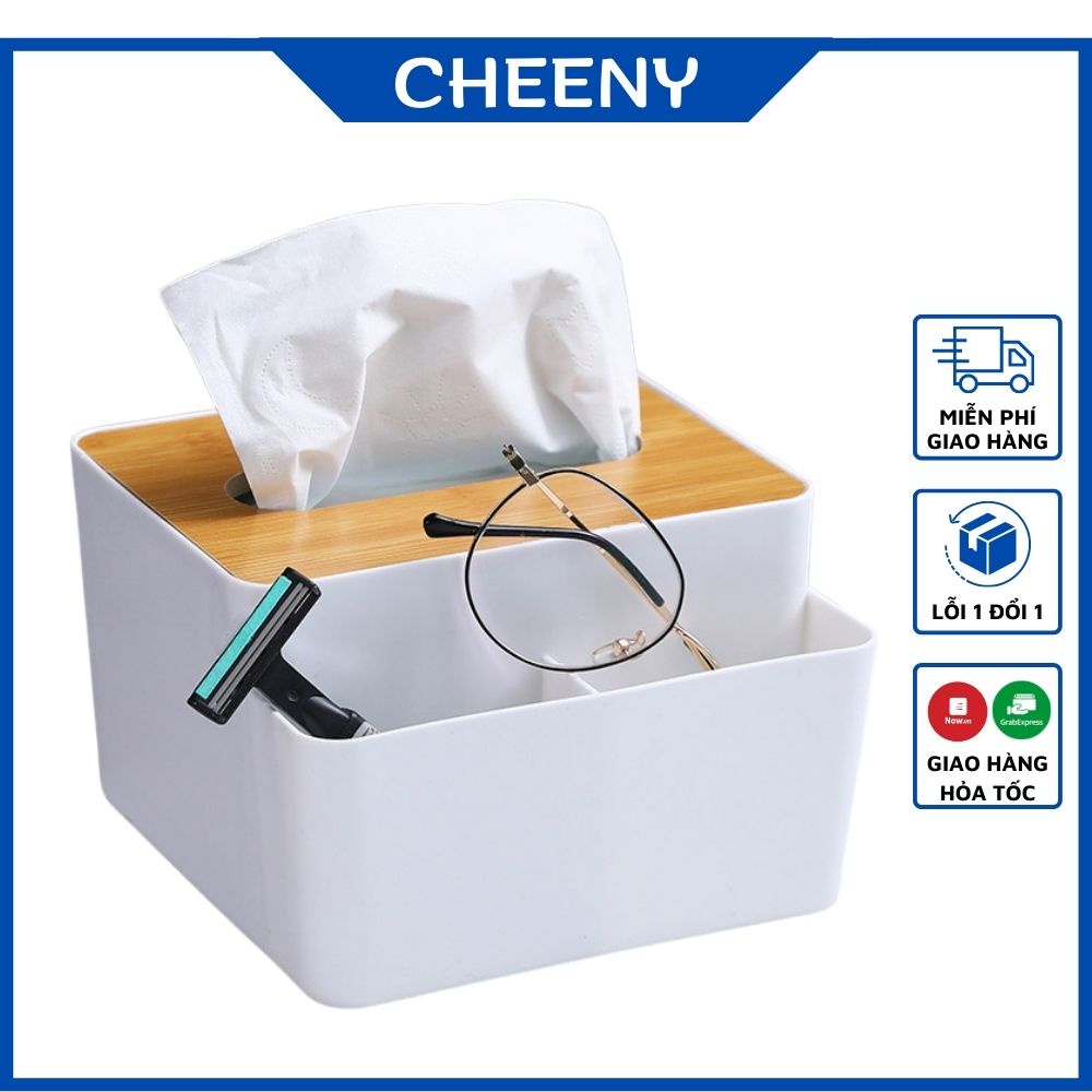 Hộp Đựng Giấy Ăn Mặt Gỗ Tre Có Ngăn Để Đồ Đa Năng, Hộp Khăn Giấy Decor Để Bàn Siêu Sang Trọng