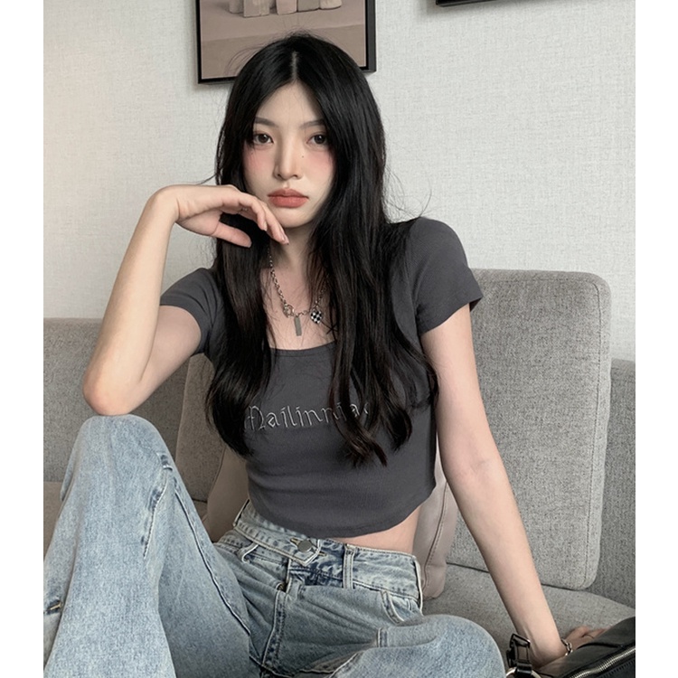 NUZIRO Áo Croptop Tay Ngắn Cổ Vuông Phong Cách Retro Hàn Quốc Cho Nữ