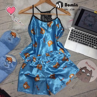 Đồ bộ mặc nhà vải phi lụa phối ren dễ thương - domin