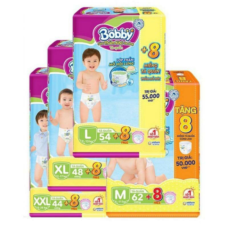 HCM (TẶNG THÊM 8 MIẾNG CÙNG LOẠI ) TÃ QUẦN BOBBY M62+8 , L54+8 , XL48+8 , XXL44+8