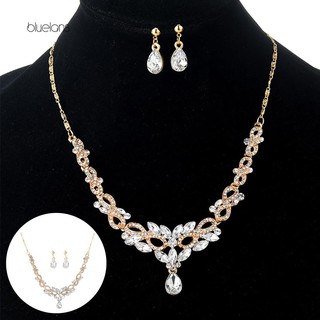 [Bluelans] Bộ Trang Sức Thời Trang Nữ Kim Cương Giả Thả Rỗng 8 Mặt Dây Chuyền Bông Tai Vòng Cổ