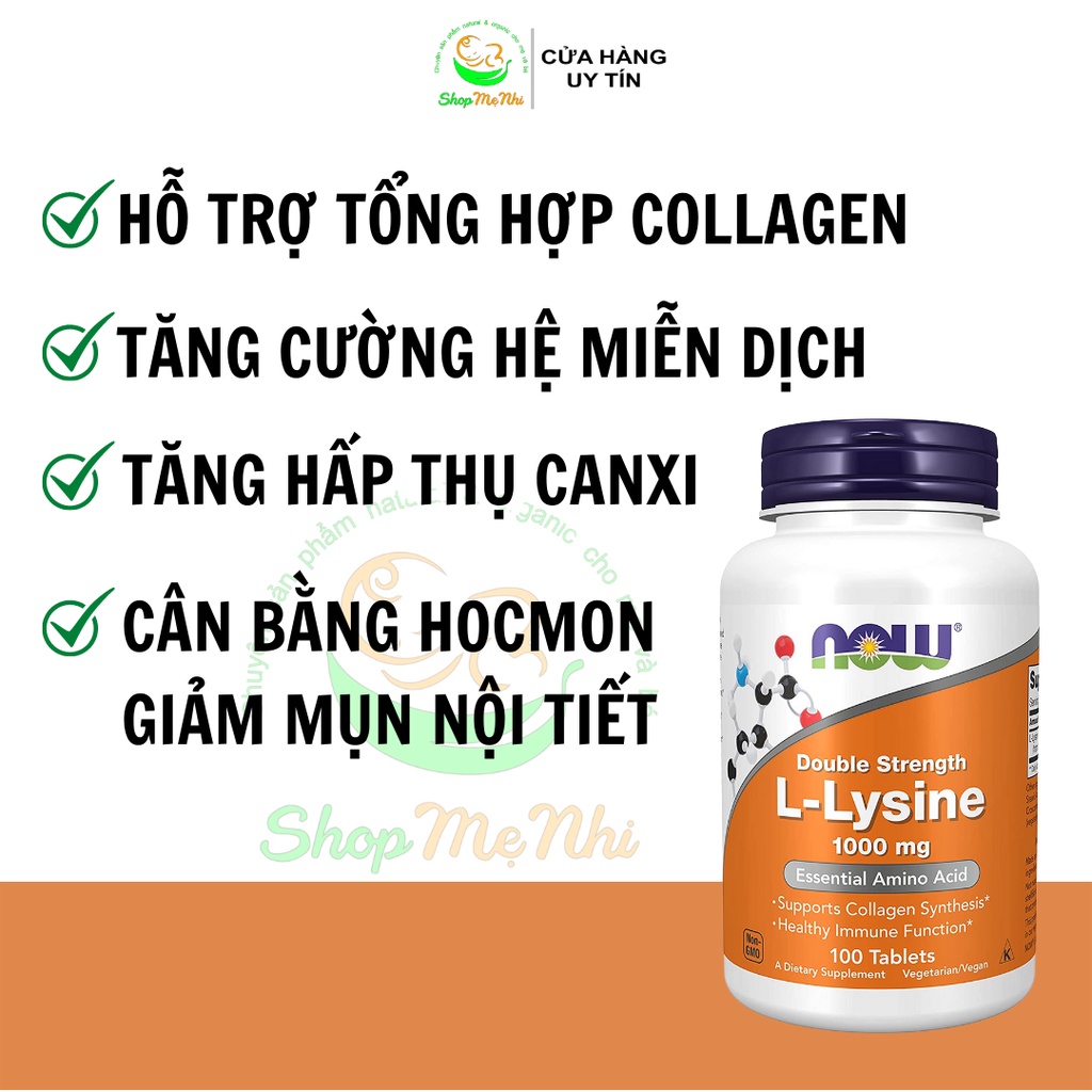 Viên uống L-Lysine Now 1000mg 100 viên giảm mụn nội tiết, hỗ trợ tổng hợp collagen.