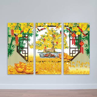 Tranh gỗ bộ 3 treo tường ngày tết Kim Tiền Mai Vàng Tài Lộc Phú Quý D1618