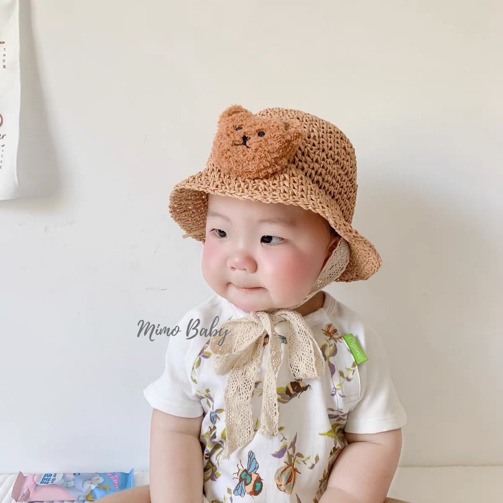Mũ nón bucket chất cói mềm đính gấu bông xù dễ thương cho bé MH178 Mimo Baby