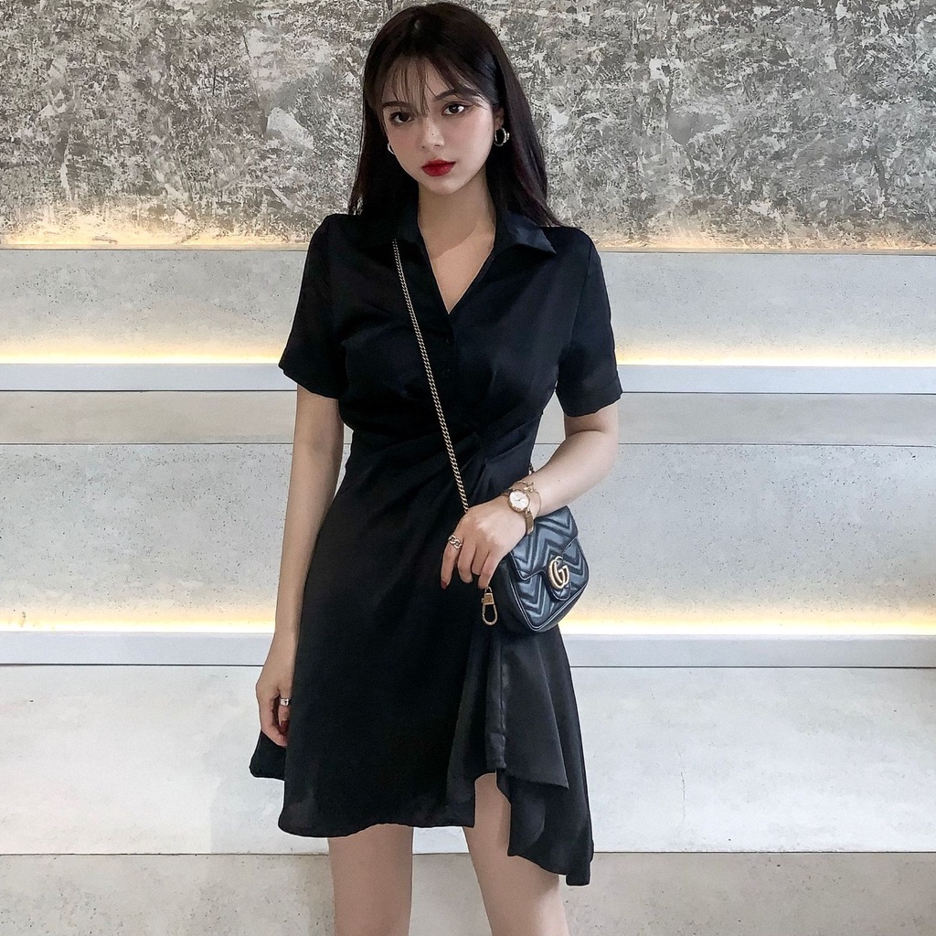 Đầm Chữ A Cổ Polo Màu Đen Phong Cách Hàn Quốc Thời Trang Cho Nữ