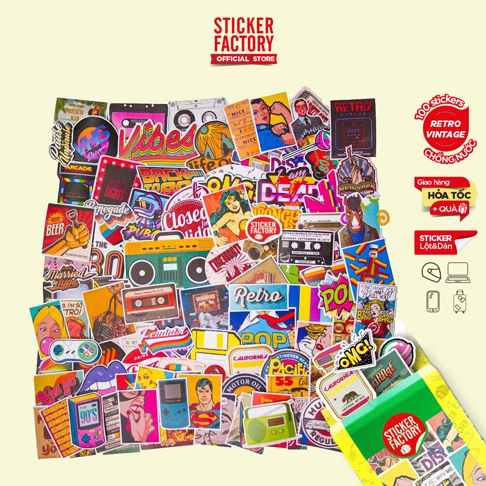 Retro Vintage cổ điển - hộp set 100 sticker decal hình dán nón bảo hiểm , laptop, xe máy, ô tô - STICKER FACTORY