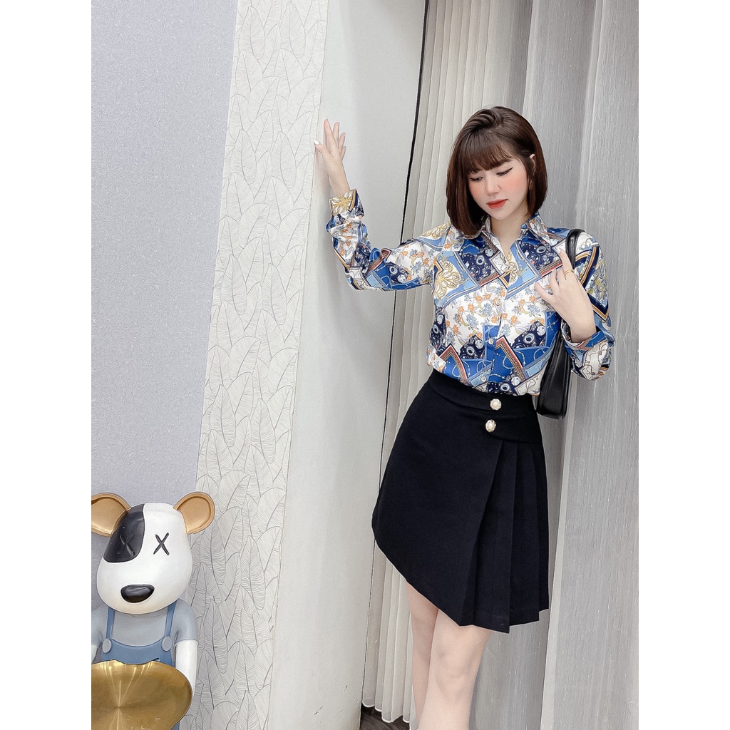 Áo sơ mi lụa dài tay nũ cao cấp công sở họa tiết hoa nhỏ cam hình xanh pastel trắng, áo sơ mi thiết kế MQ Boutique