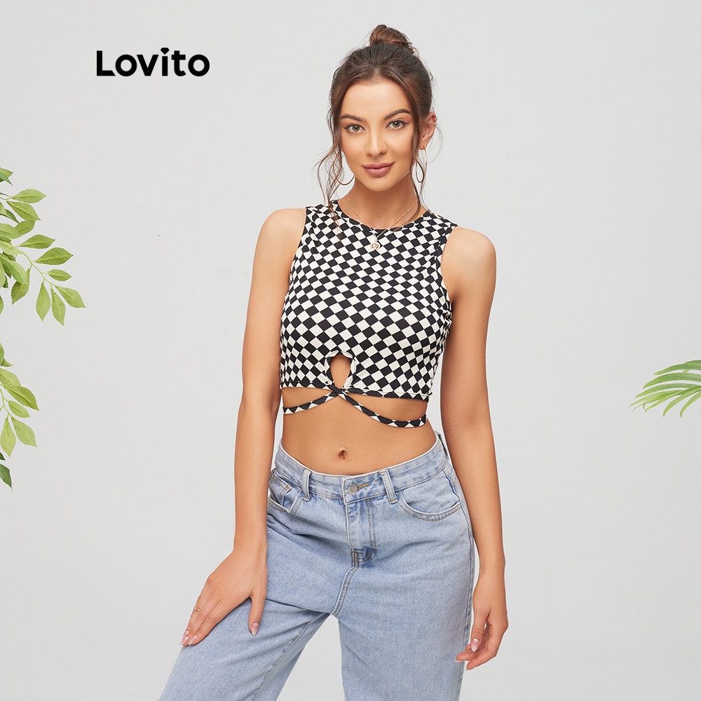 Lovito Áo tank top cổ tròn cắt chéo họa tiết kẻ sọc màu đen thời trang cho nữ L11D03
 | BigBuy360 - bigbuy360.vn