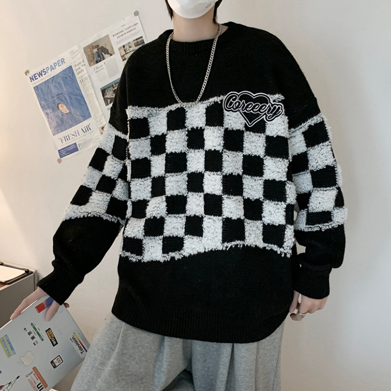 Áo sweater dệt kim chui đầu màu xanh dương/đen pha trắng phong cách hip hop Hàn Quốc thời trang mùa thu cho nam