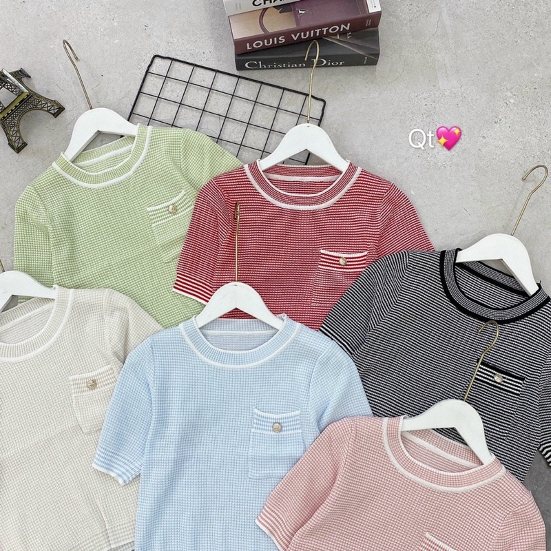 Áo len cổ tròn túi ngực ngắn tay co giãn nhiều màu AL1554 - NhiNhi Shop