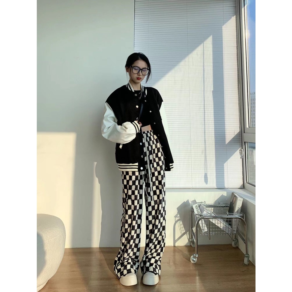 Quần Dài Lưng Cao Ống Rộng Họa Tiết Sọc Caro Cá Tính Cho Nữ