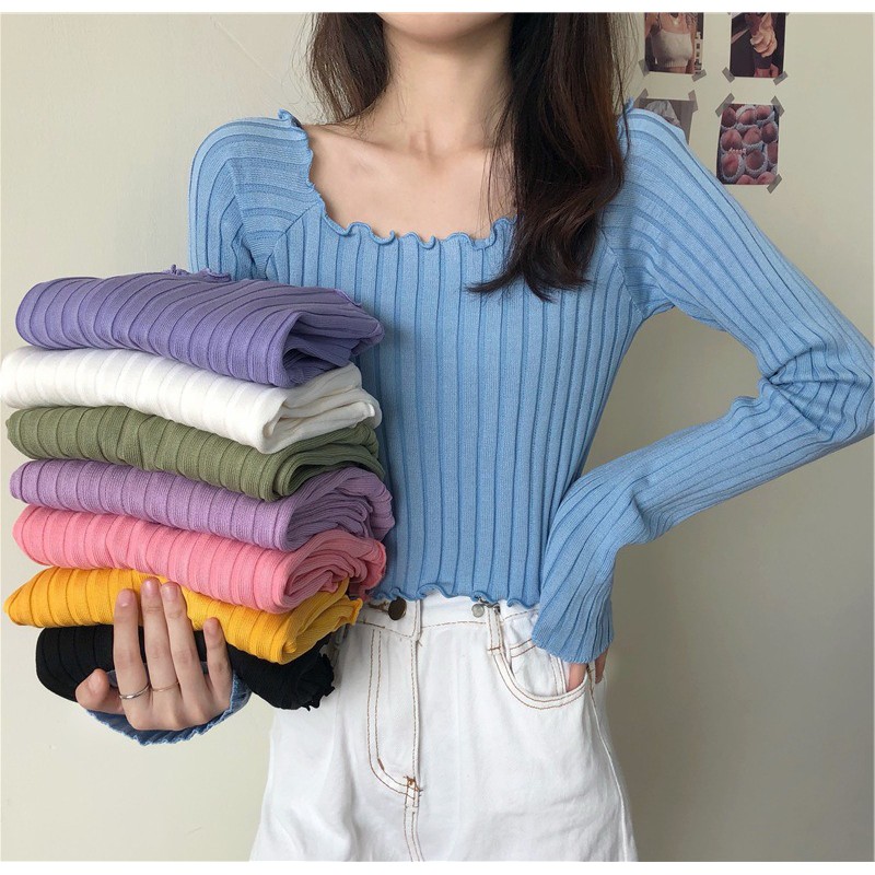 Áo croptop dài tay ulzzang ôm body trễ vai chất len tăm Hàn Quốc C64 - MaoMao | BigBuy360 - bigbuy360.vn