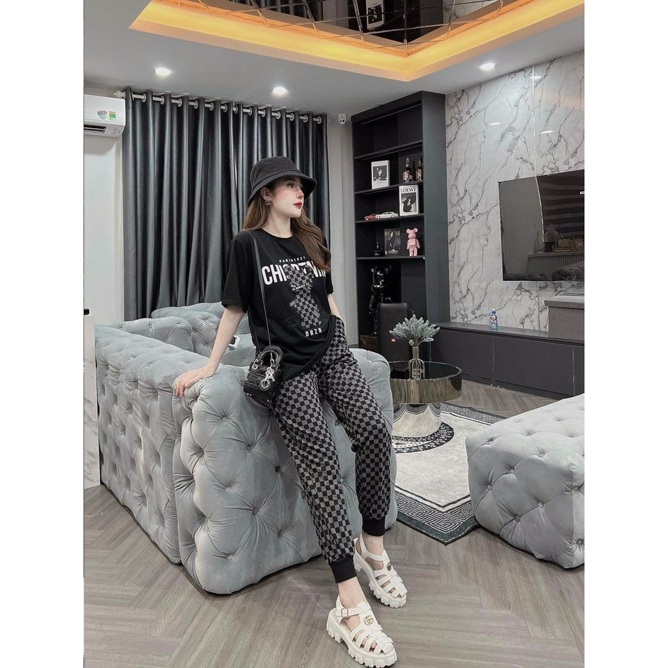 Đồ Bộ dài Form Rộng Áo Thun Cotton Logo Thêu Phối Quần Thun Lạnh In 3D Họa Tiết Có Bo Chân