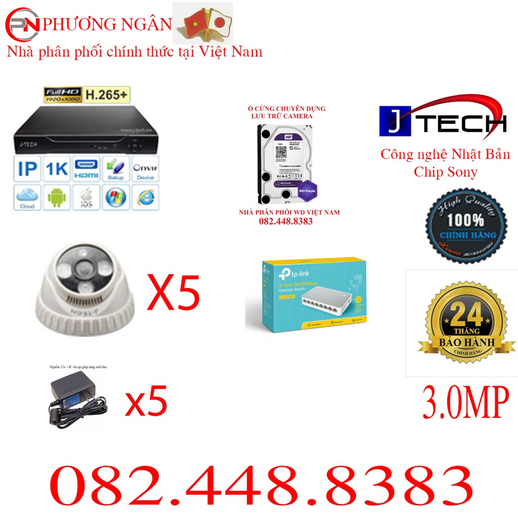 Bộ 5 camera ip Jtech 3.0MP + đầu ghi 8 kênh 4.0MP +Ổ cứng HDD 1TB