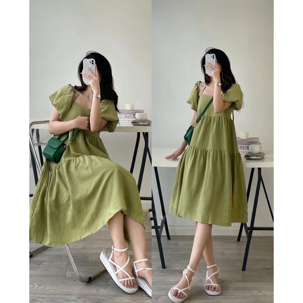 Váy Maxi 2 dây tay rời dáng babydoll chất đũi mặc được 4 kiểu phom suông màu đen xanh cốm trắng