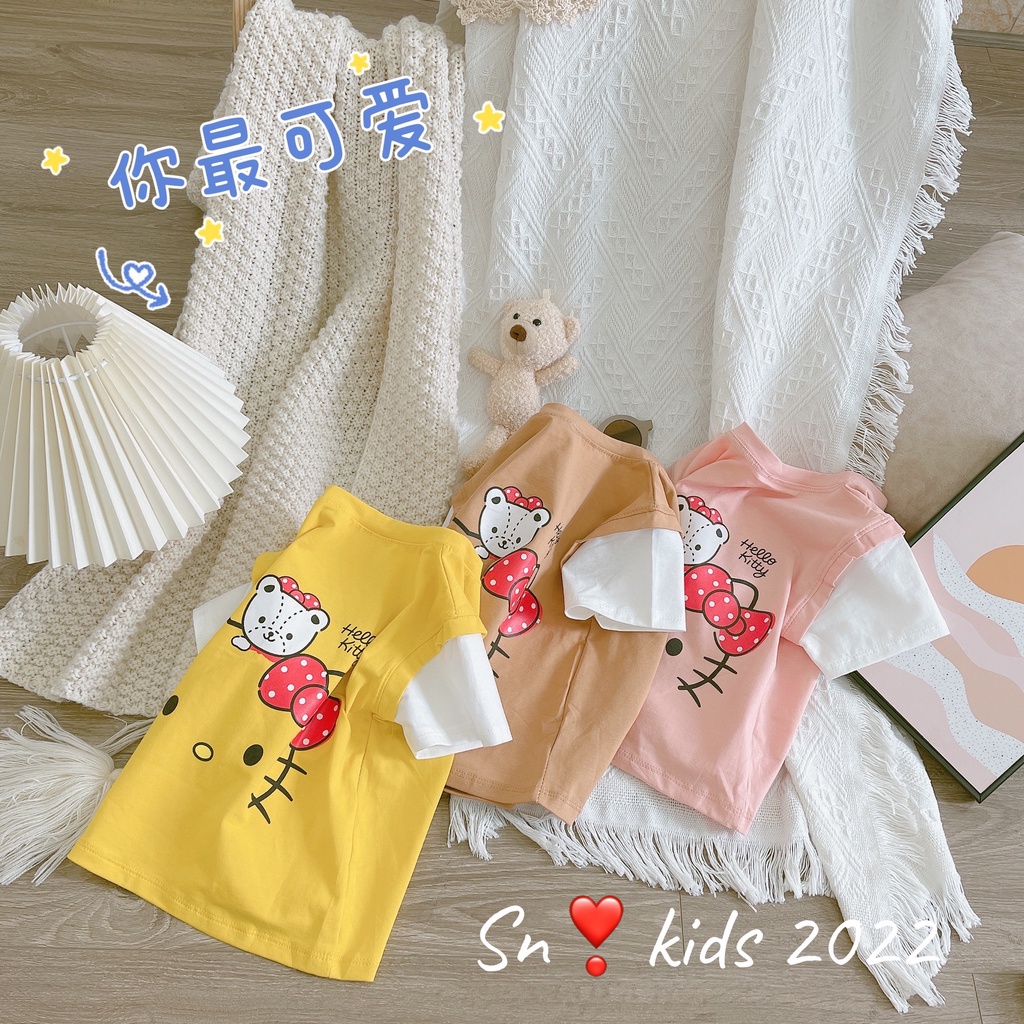 Bộ cộc tay bé gái, bộ cotton Hello kitty phối tay trắng hình in sắc nét cho bé
