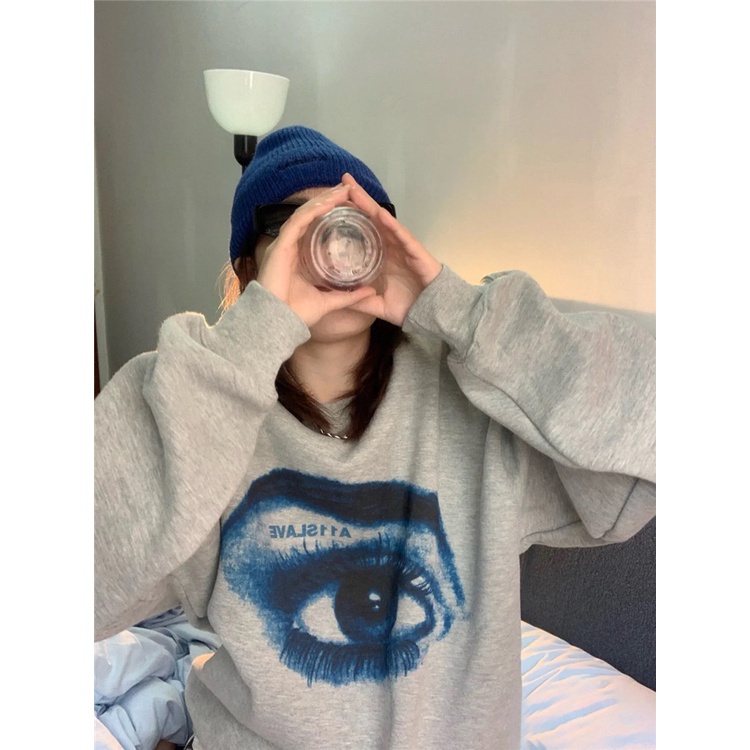 QKOOLE  Áo Hoodie Tay Dài Cổ Tròn In Họa Tiết Phong Cách Hàn Quốc Cho Nữ