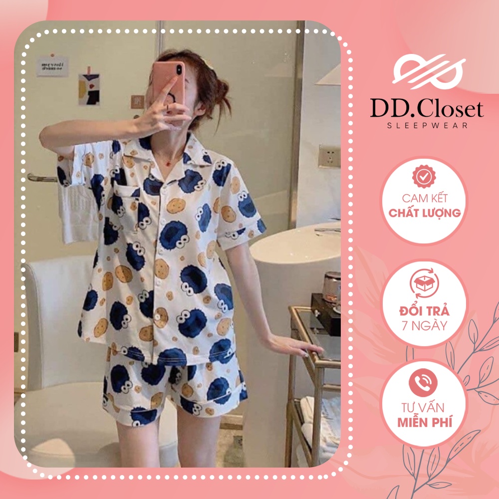 Bộ đồ ngủ pijama nữ cộc tay quần đùi chất lụa Kate Thái mềm mịn màu trắng họa tiết hoạt hình dễ thương - CD0021