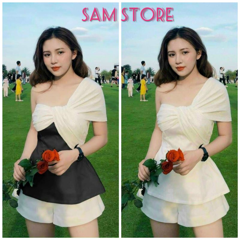 Set Quần Đùi Và Áo Lệch Vai Xoắn Ngực Size M SamStore