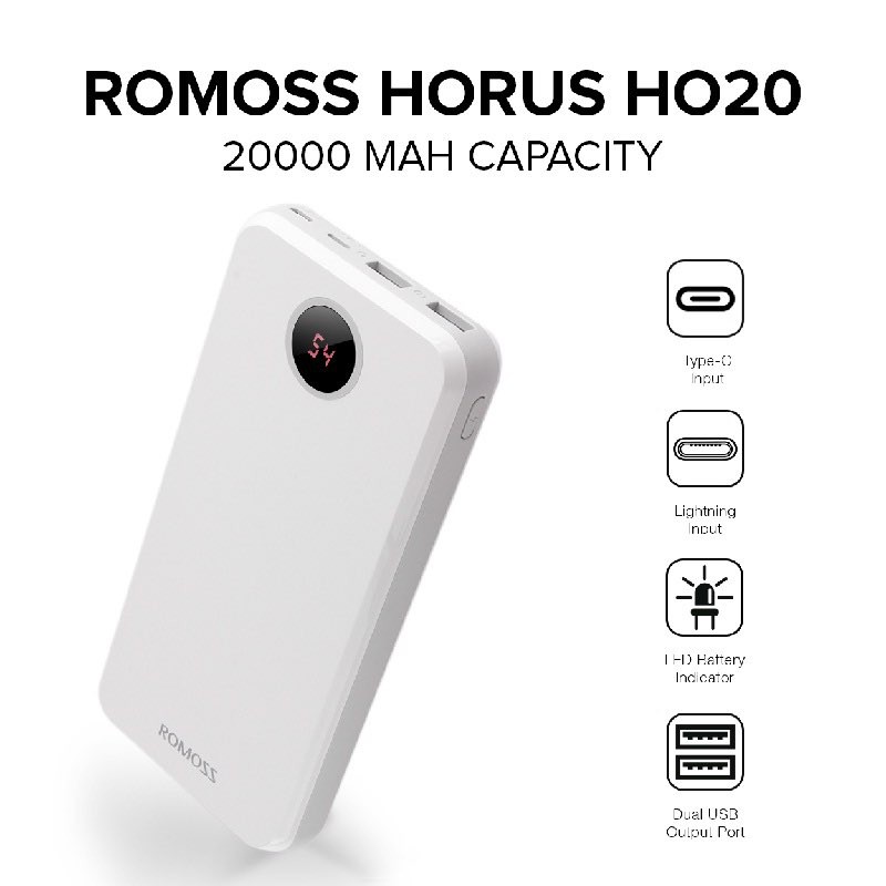 Pin Sạc Dự Phòng Romoss Horus 20000mAh HO20 Chính Hãng có led báo pin BH 6T