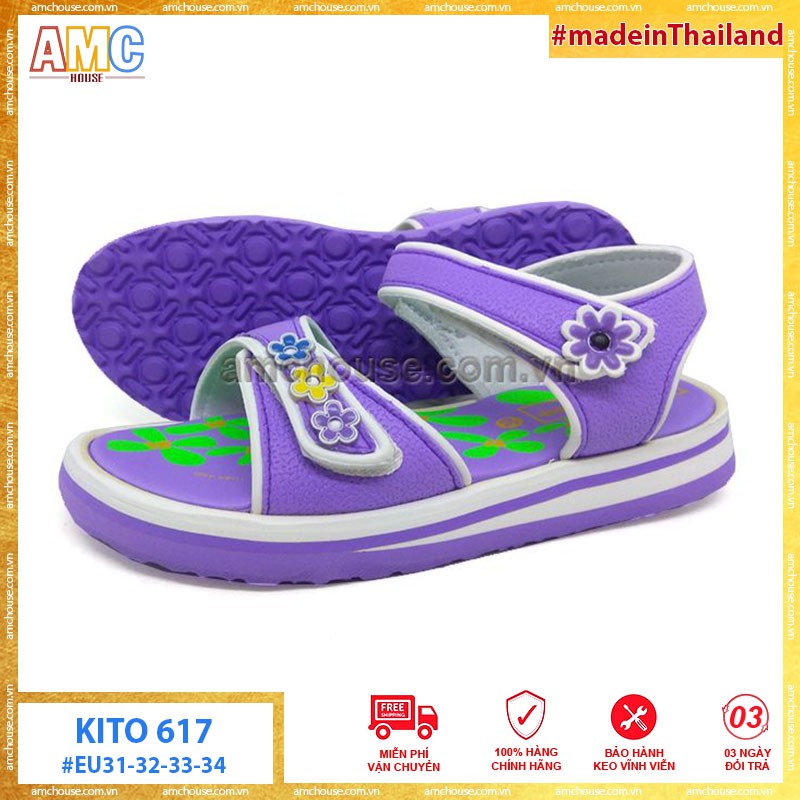 Giày sandal Thái Lan bé gái quai ngang KITO xốp siêu nhẹ 617 - TÍM/ HỒNG/ XANH