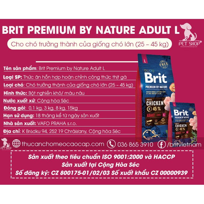 Thức Ăn Cho Chó Becgie Giai Đoạn Từ 24 Tháng Tuổi Trở Lên Brit Premium by Nature Adult L 15Kg