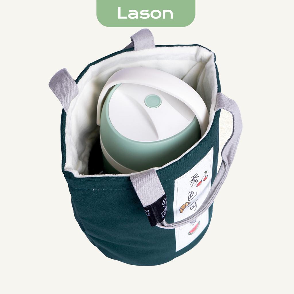 Túi đựng hộp cơm trụ tròn vải canvas giữ nhiệt cao cấp LASON, túi giữ nhiệt cà men, cặp lồng TC00321
