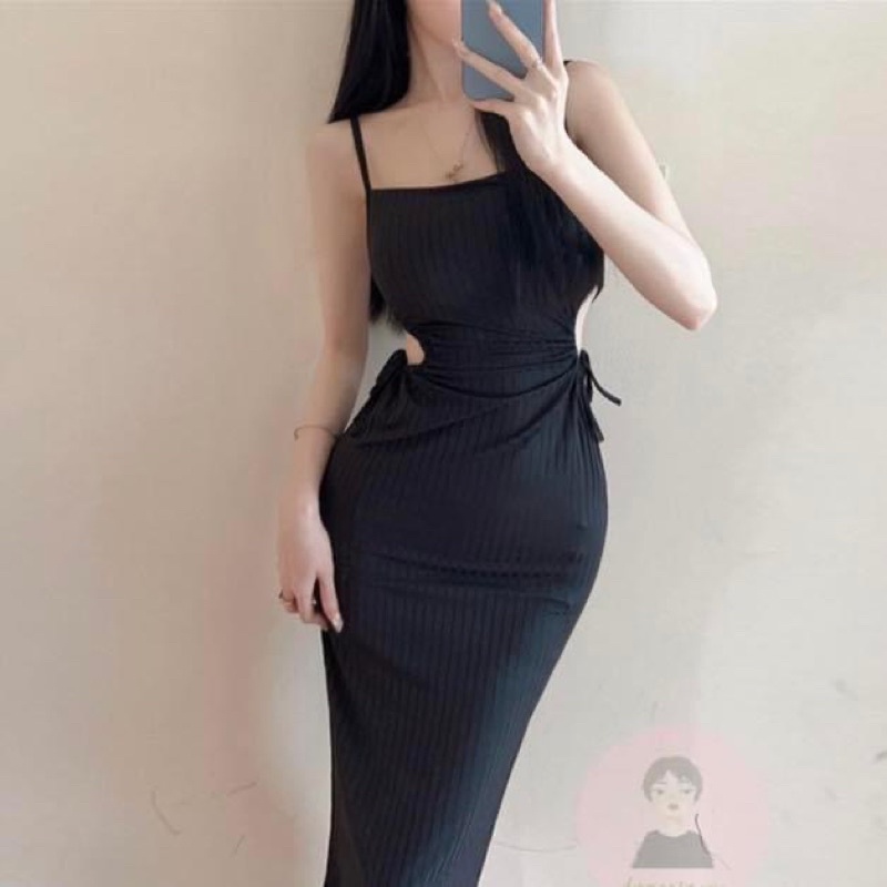 Đầm maxi hai dây kiểu nữ dáng dài suông ôm sát body thun gân trơn co dãn cut out khoét eo - Order taobao quảng châu