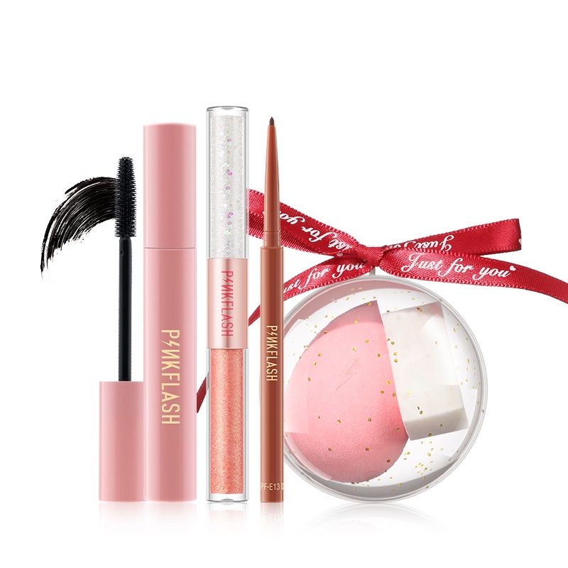 Bộ 4 mỹ phẩm trang điểm dịp PINKFLASH gồm phấn mắt dạng lỏng bút kẻ mắt dạng gel mascara mút trang điểm