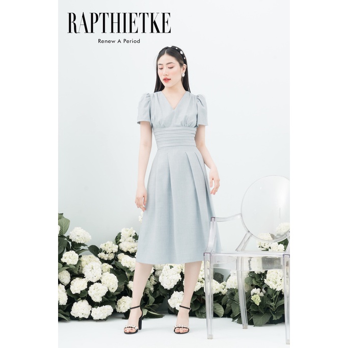 RẬP - Đầm Xanh Cổ Tim Tay Ngắn Eo Xếp - BLUE 04 XANH