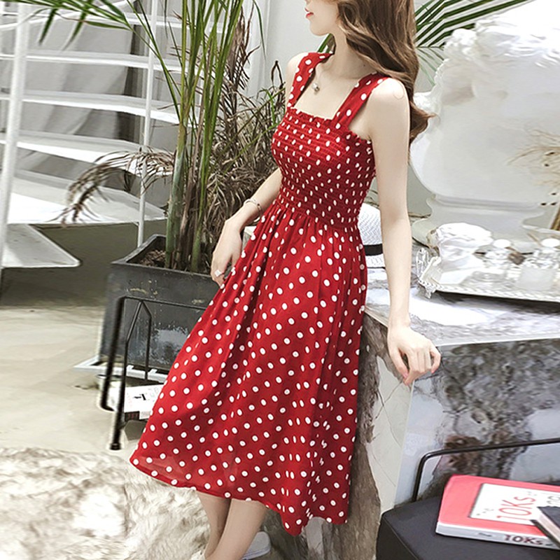 ❀Hàng Có Sẵn Ảnh Thật❀ Đầm Hai Dây Dáng Ôm Họa Tiết Chấm Bi Phong Cách Hàn Quốc Quyến Rũ Cho Nữ